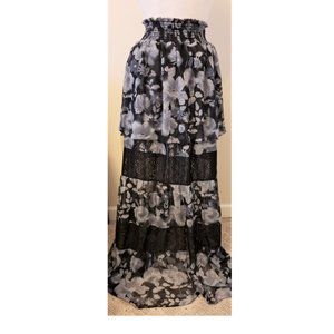 MISA Los Angeles Floral Ruffled Hem Maxi Skirt Size-M Black